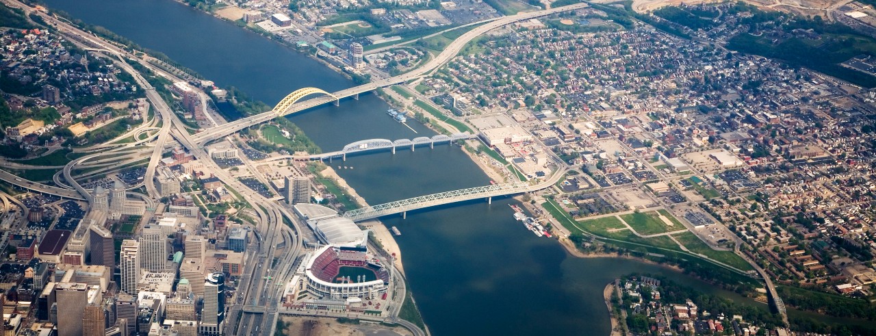 Aerial view of downtown Cincinnati and Northern Kentucky