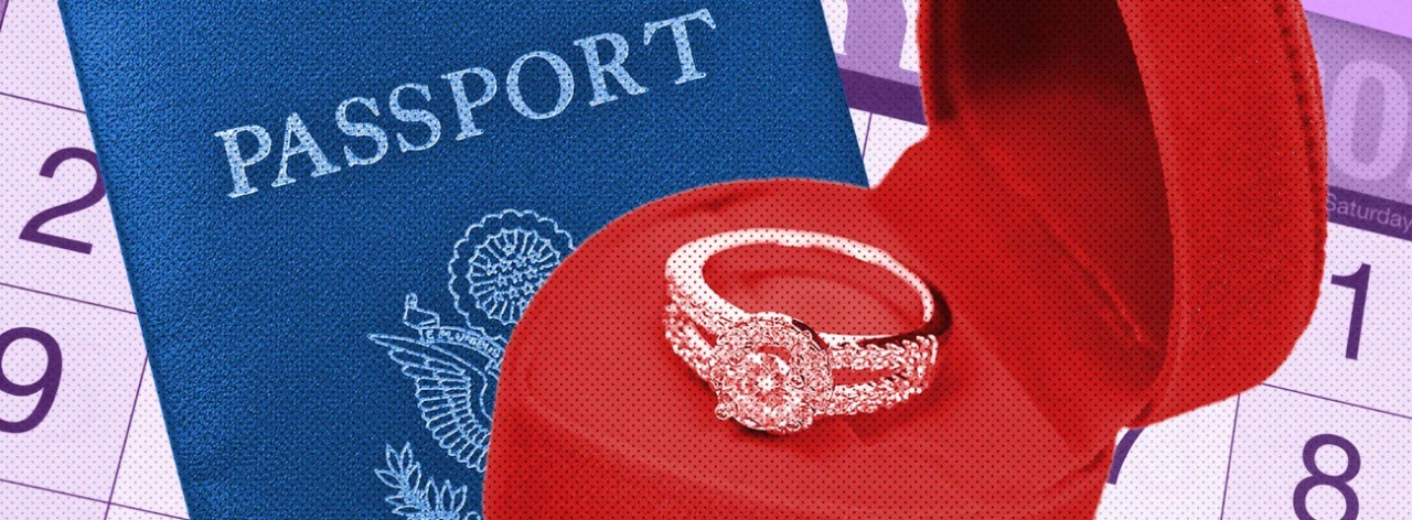 Illustration of a passport and engagement ring
