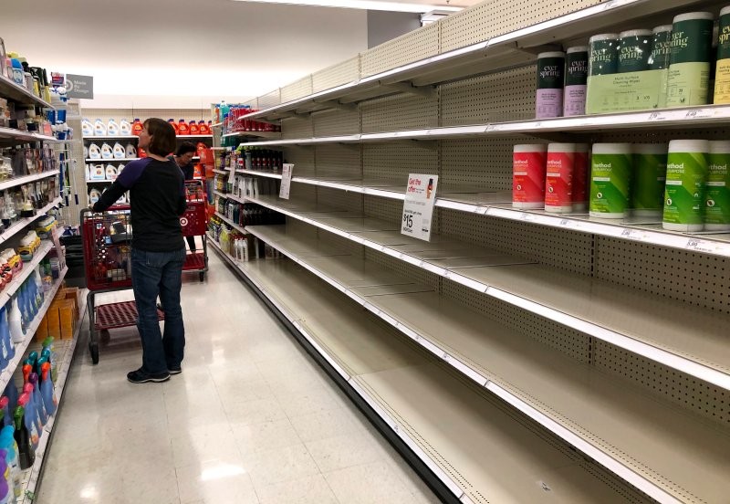 Partially empty store shelves