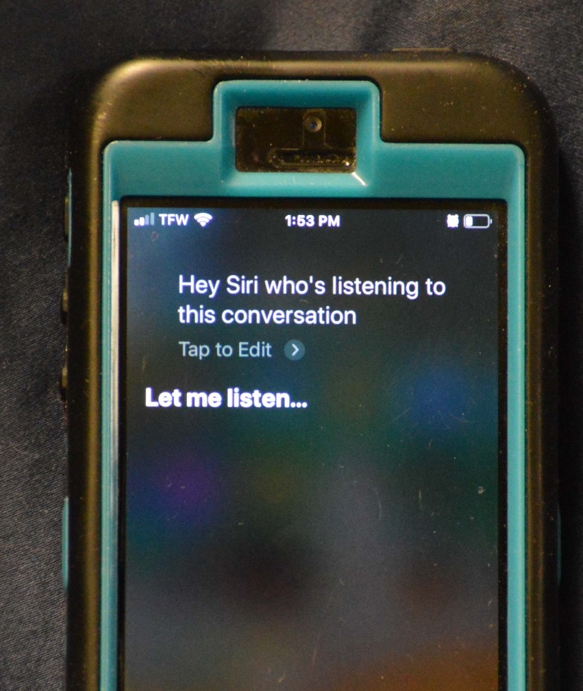 An iPhone screen reads, "Hey Siri, who's listening to this conversation?" and the response "Let me listen."