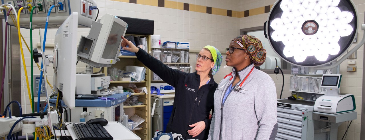 A nursing supervisor points toward a screen as a nursing students looks on in an examination room