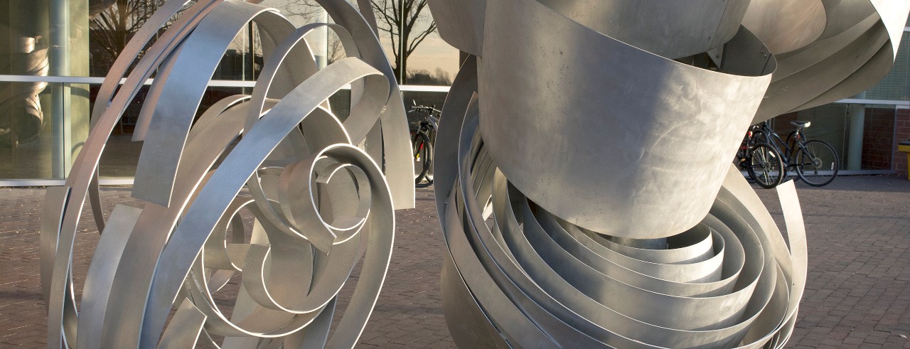Sunset, Sculpture at Care Crawley, "Super Twister", by New York Artist Alice Aycock