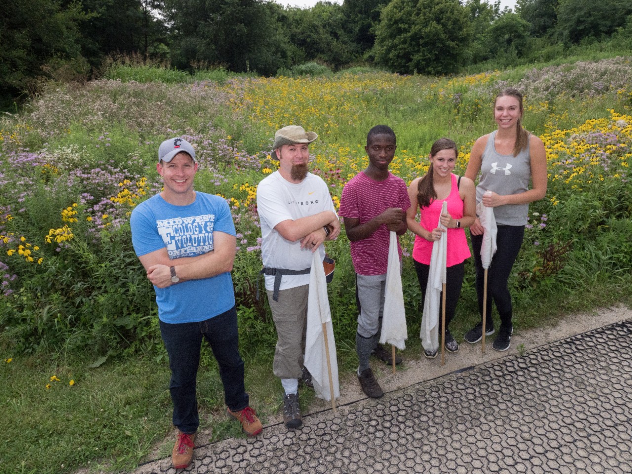 UC associate professor Joshua Benoit and his biology students pose in front of a field of wildflowers with nets they use to catch ticks.