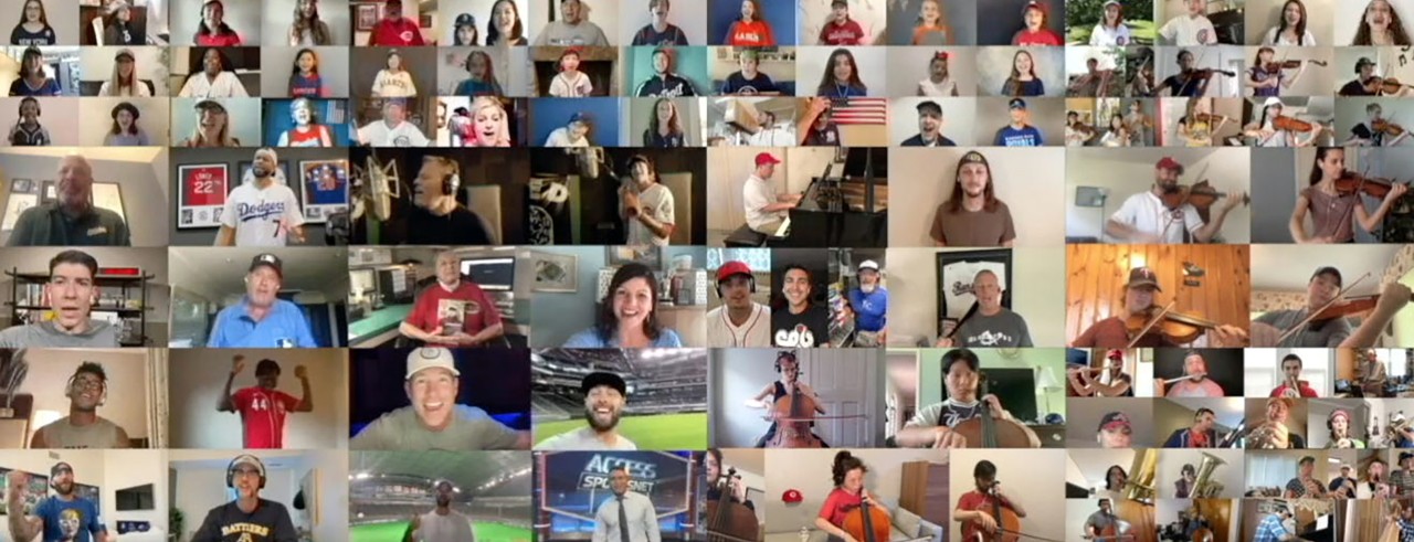 A screen shot of the virtual performance of "Take Me Out to the Ballgame"