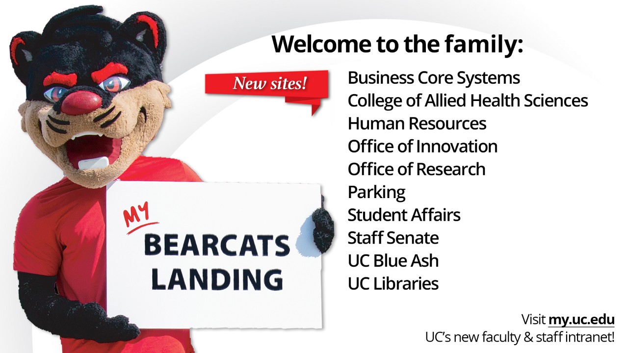 Welcome to the family; Bearcat Mascot holding a Bearcats Landing sign