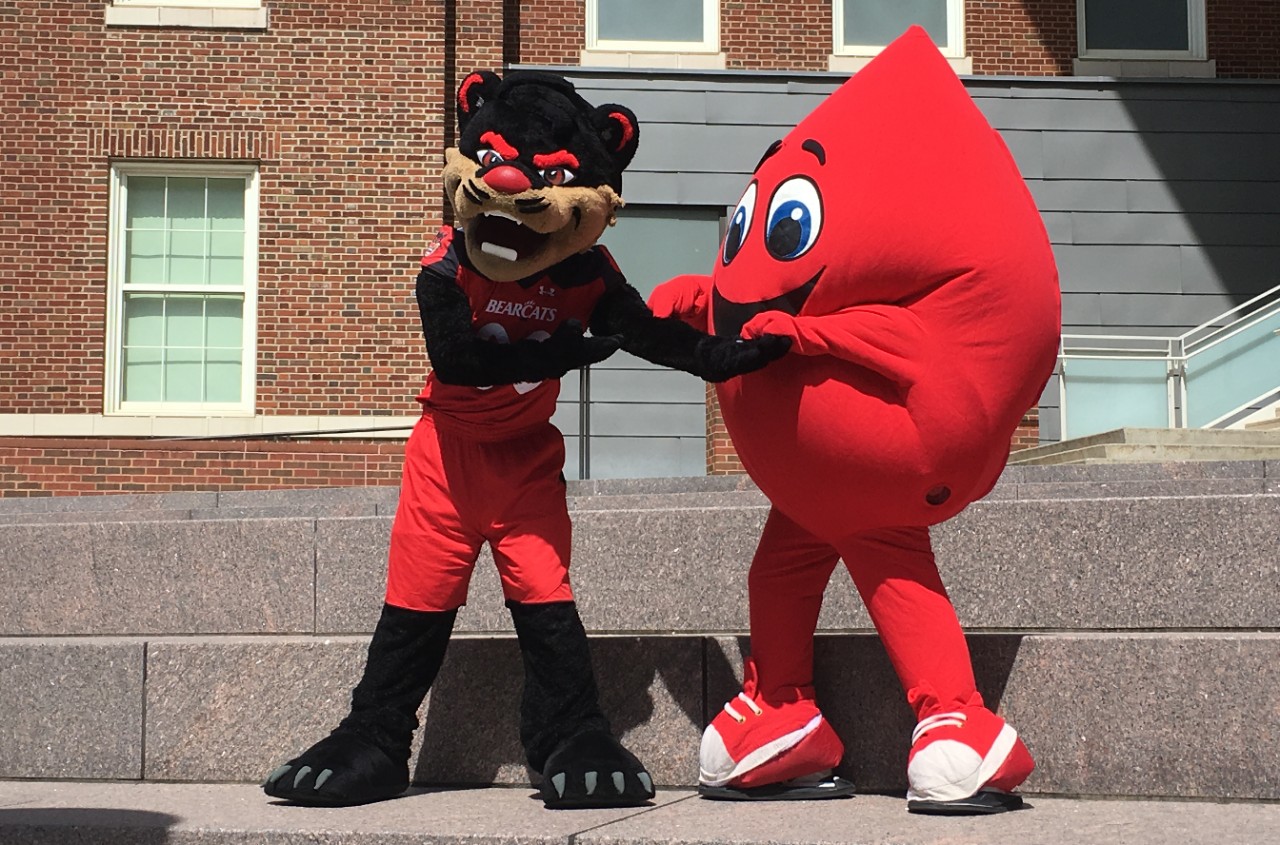 UC Bearcat Mascot and Hoxworth blood drop mascot