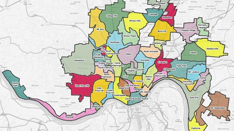 brightly colored map of Cincinnati neighborhoods