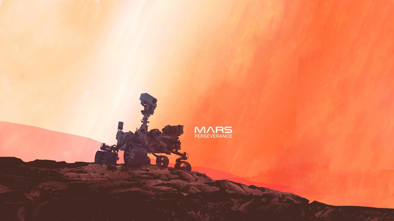 A graphic illustration of a rover on Mars with the words Mars Perseverance.