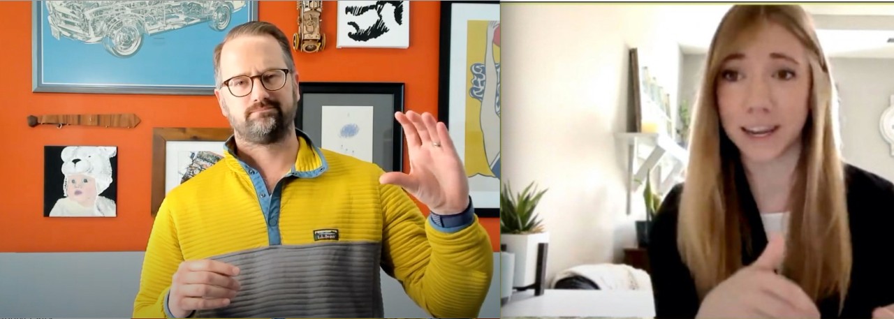 Side-by-side image of UC's Grant Hoffman, director of startups on left and Haley Andes NKU startup collaborator on right in virtual graduation ceremony 