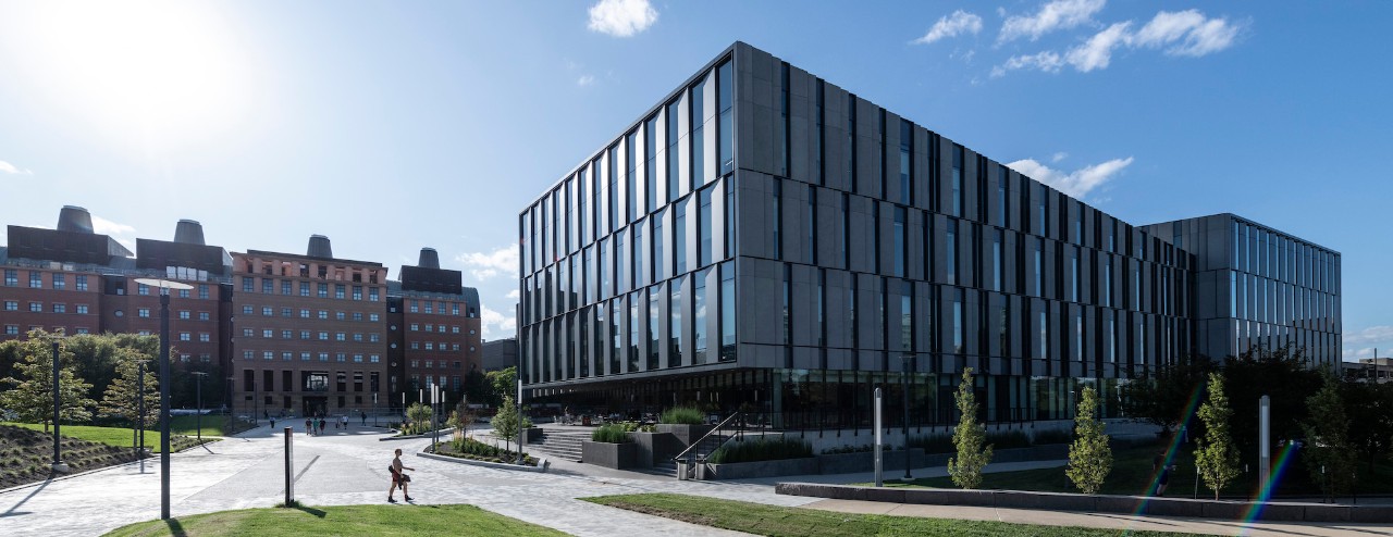 Photo of Lindner Hall (facing southwest on Sigma Sigma commons) on a bright sunny afternoon