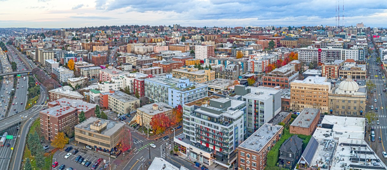 Stock photo of Capital Hill neighborhood in Seattle, Washington. Cityscape at dusk
