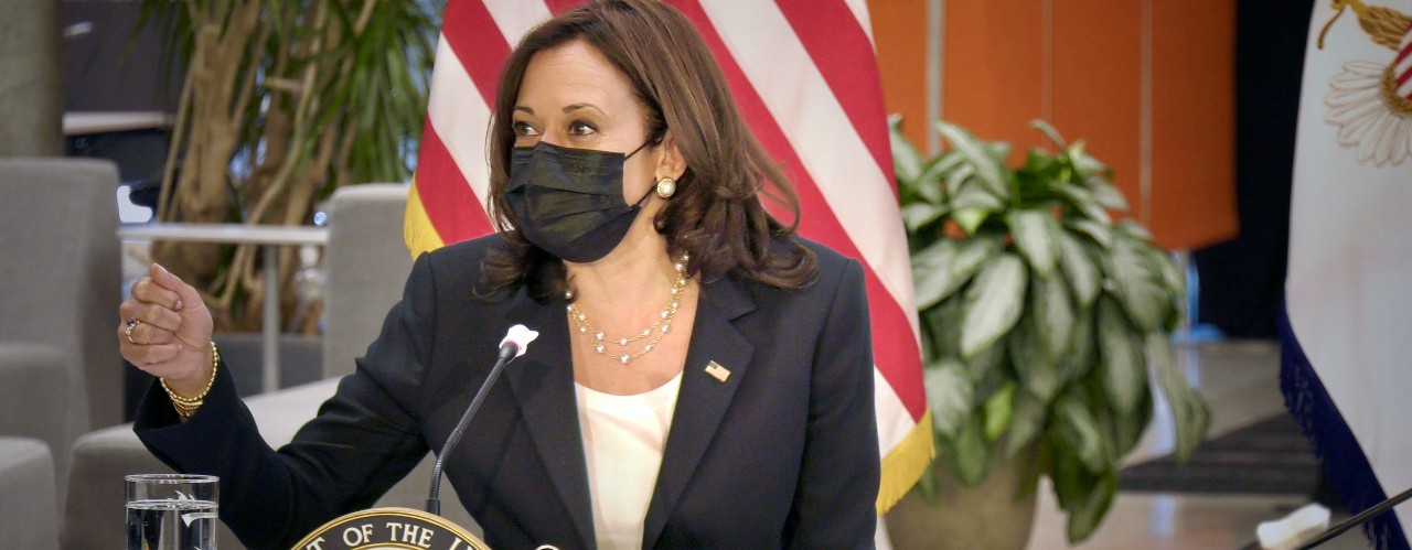 Vice President Kamala Harris sits in UC's 1819 Innovation Hub at roundtable discussion with local and state dignitaries.