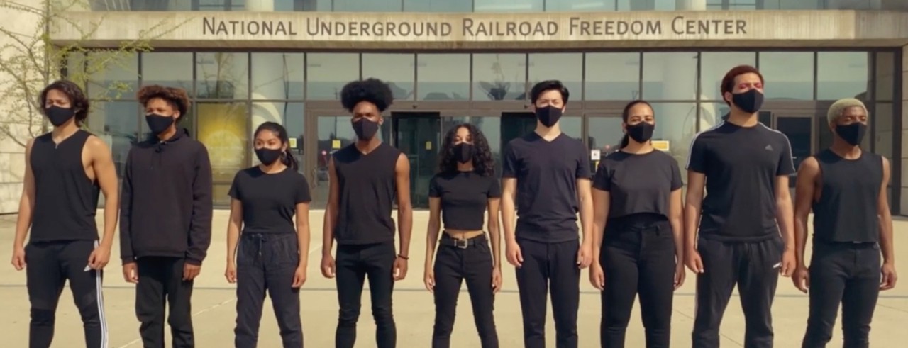 Freshman musical theatre majors performing at the National Underground Railroad Freedom Center in a still from the Freshman Showcase.