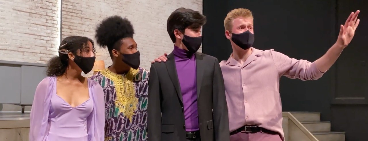 Freshman musical theatre majors Madison Mosley, Michael Lee Jr., Benjamin Cheng and Nate Jones performing at Ensemble Theatre Cincinnati in a still from the Freshman Showcase..