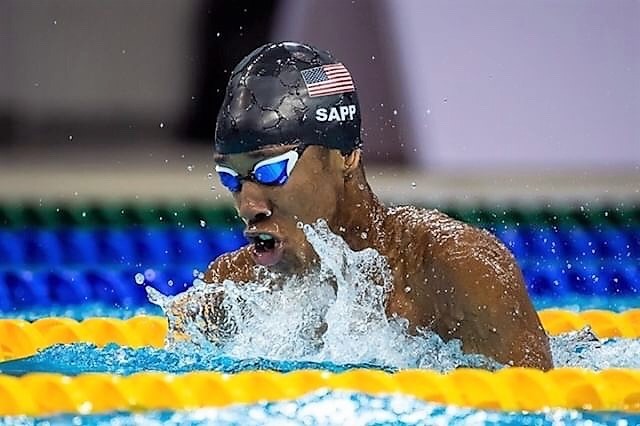 Lawrence Sapp in his swim cap and trunks at the UC rec center pool