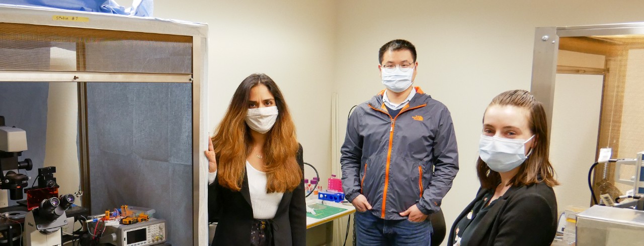 professor and three students stand in a lab