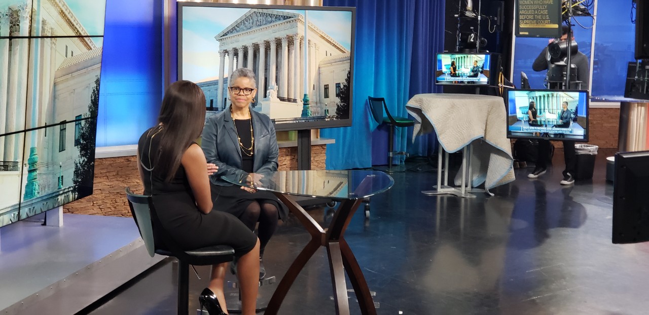 Dean Verna Williams being interviewed by a Fox 19 journalist in studio