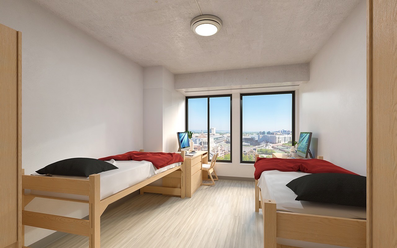 Rendering of UC's Calhoun Hall residence room with two beds, two desks and view of two windows.