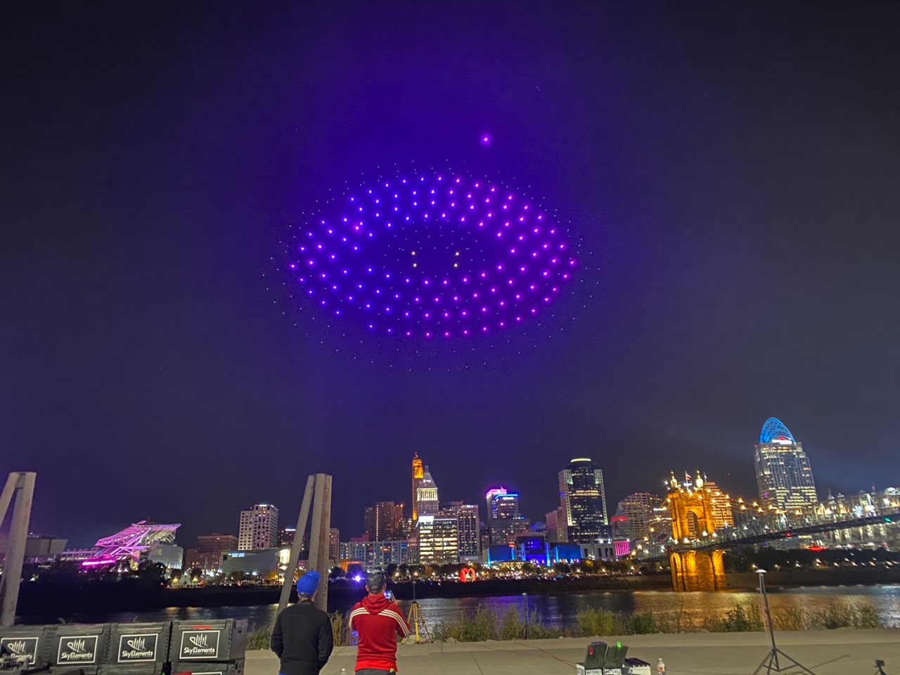 Drones form the shape of an eye above the Ohio River during Cincinnati's 2022 BLINK Festival. Photo/Roza Gavriilidis