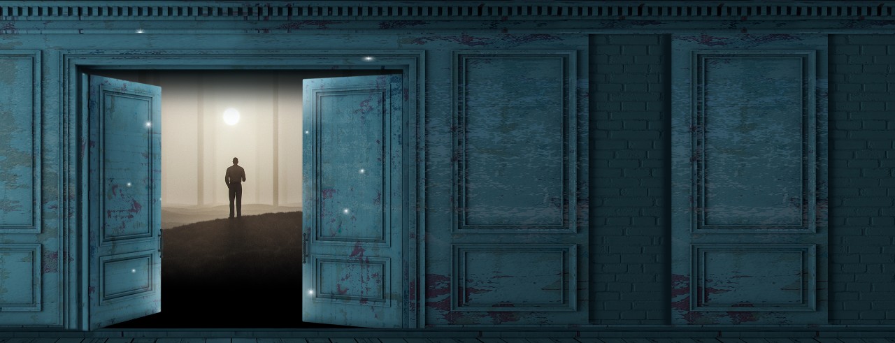 A promotional image for CCM's production of "A Dream Play," which depicts a silhouette inside of open doors.