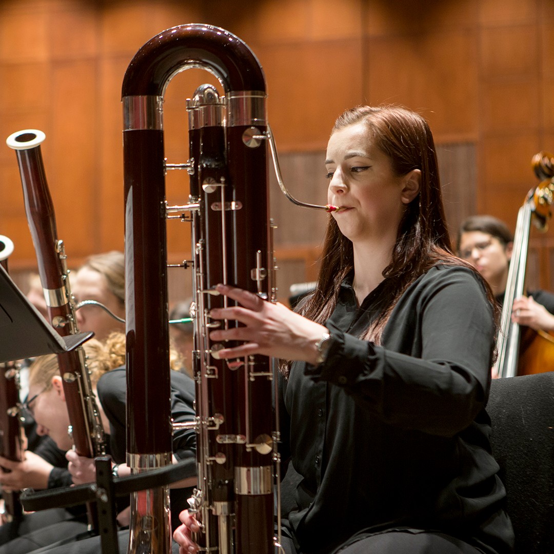CCM wind ensembles rehearse in the newly renovated Patricia Corbett Auditorium.