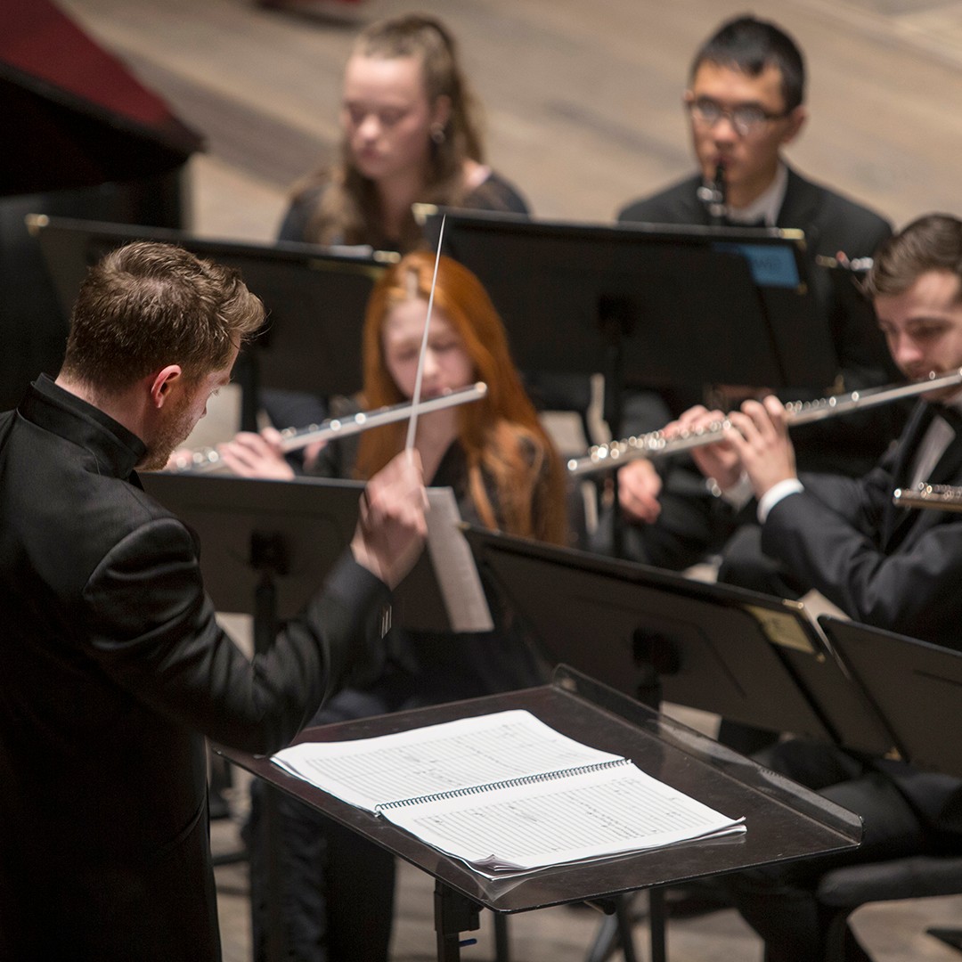 CCM wind ensembles rehearse in the newly renovated Patricia Corbett Auditorium.