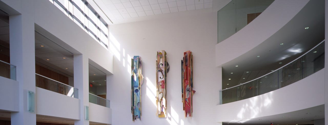 A photograph of “Three Muses” art installation by Sam Gilliam in the Atrium of CCM’s Corbett Center for the Performing Arts. Photo/UC Creative + Brand