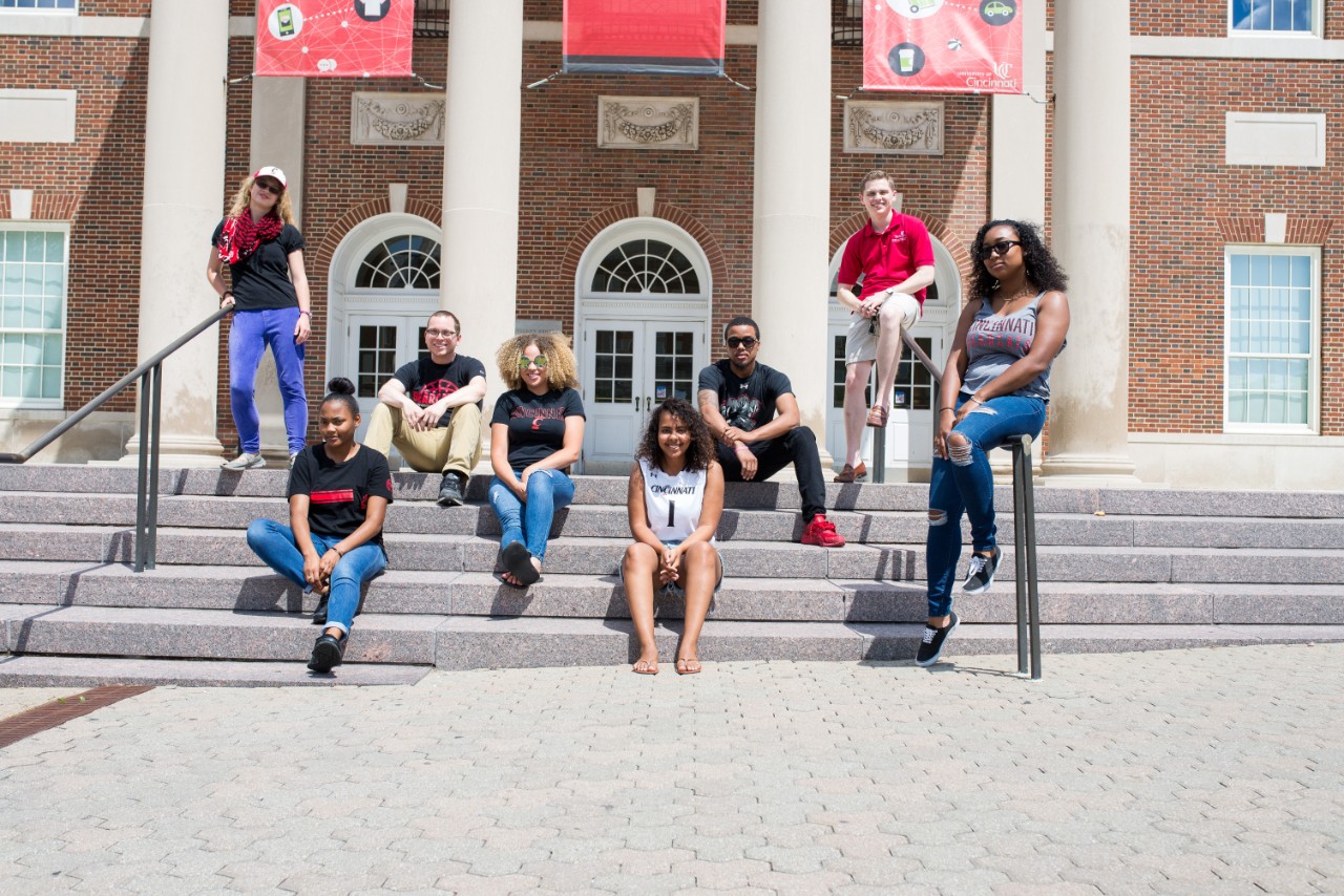 Student leaders hanging out on the steps of Tangeman University Center.