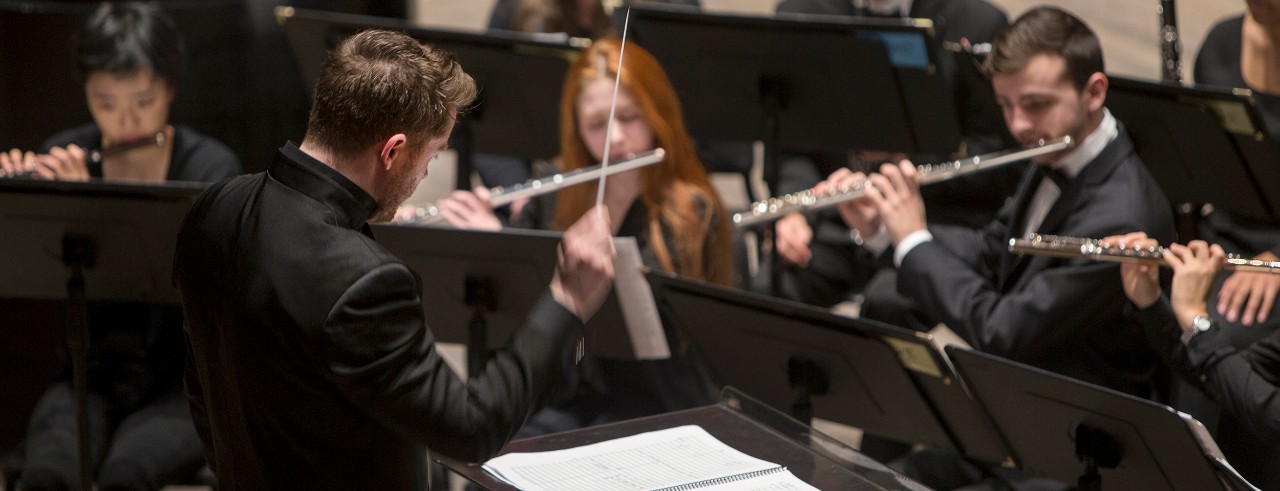 CCM wind ensembles rehearse in the newly renovated Patricia Corbett Auditorium.
