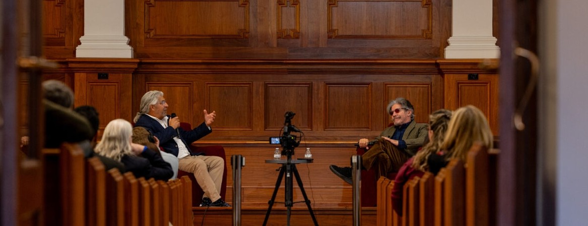 Geraldo Rivera on Probasco Auditorium stage with Joe Coscia 