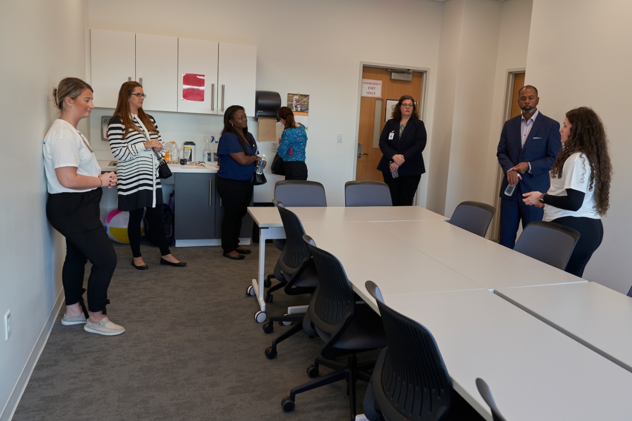 Student giving tours of clinic spaces in the Health Sciences Building