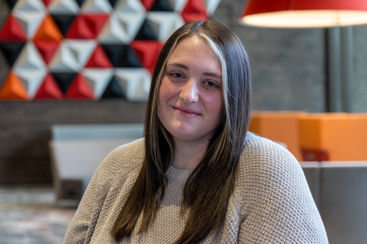 UC Clermont social work alumna Mallory Mahaffey in the college's Student Lounge