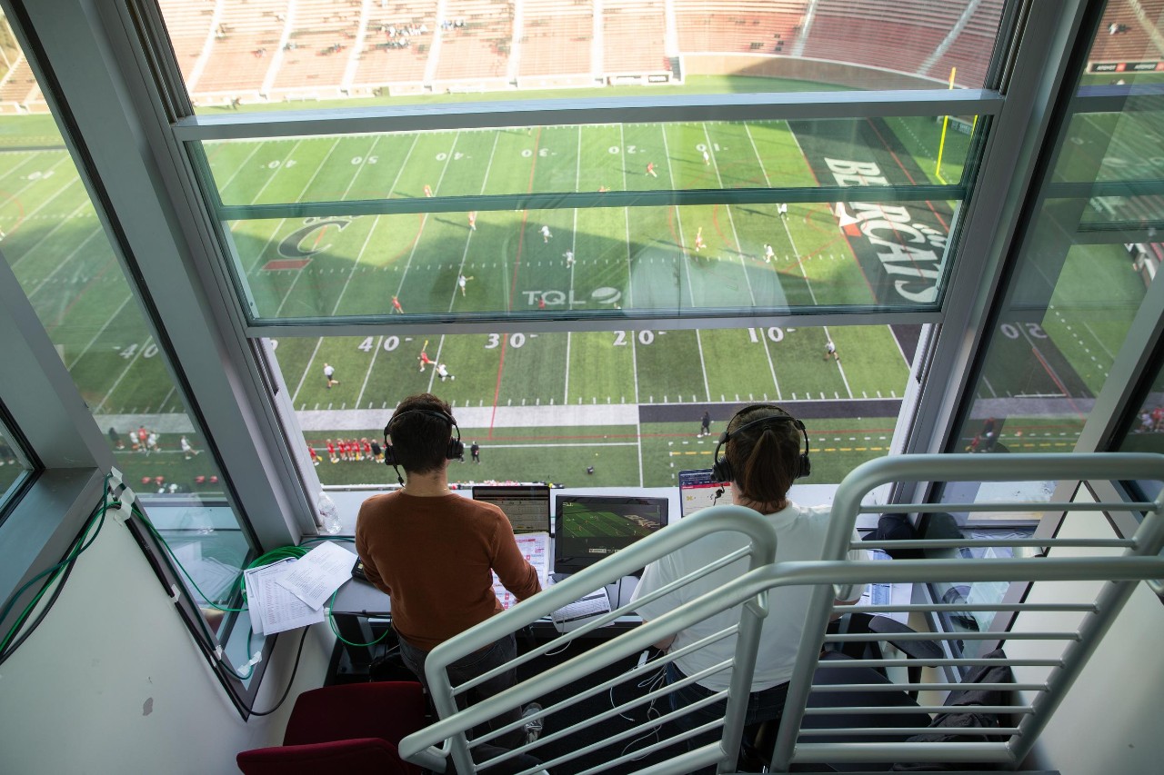 240229aHerzog040.CR2
Ethan Herzog is a CCM Media Production student who does behind the mic work with ESPN+. He is getting top level experience as a student thanks to the opportunities this program has presented him and other CCM students. Here he adds color commentary to a broadcast of a lacrosse match.