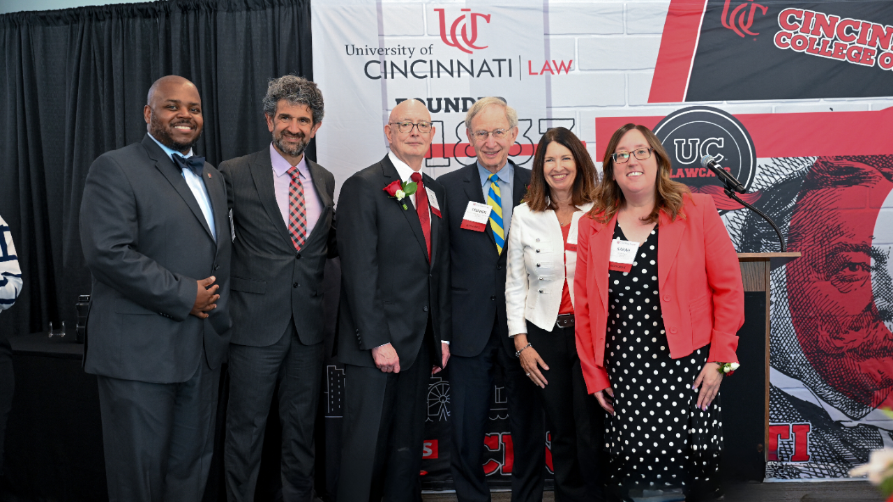 Law Alumni Association award winners (R to L): Sarah Topy, Tara Rosnell, Judge Stephen Markman, Ted Martin, with Dean Hamoudi and Association President Brandon Craig