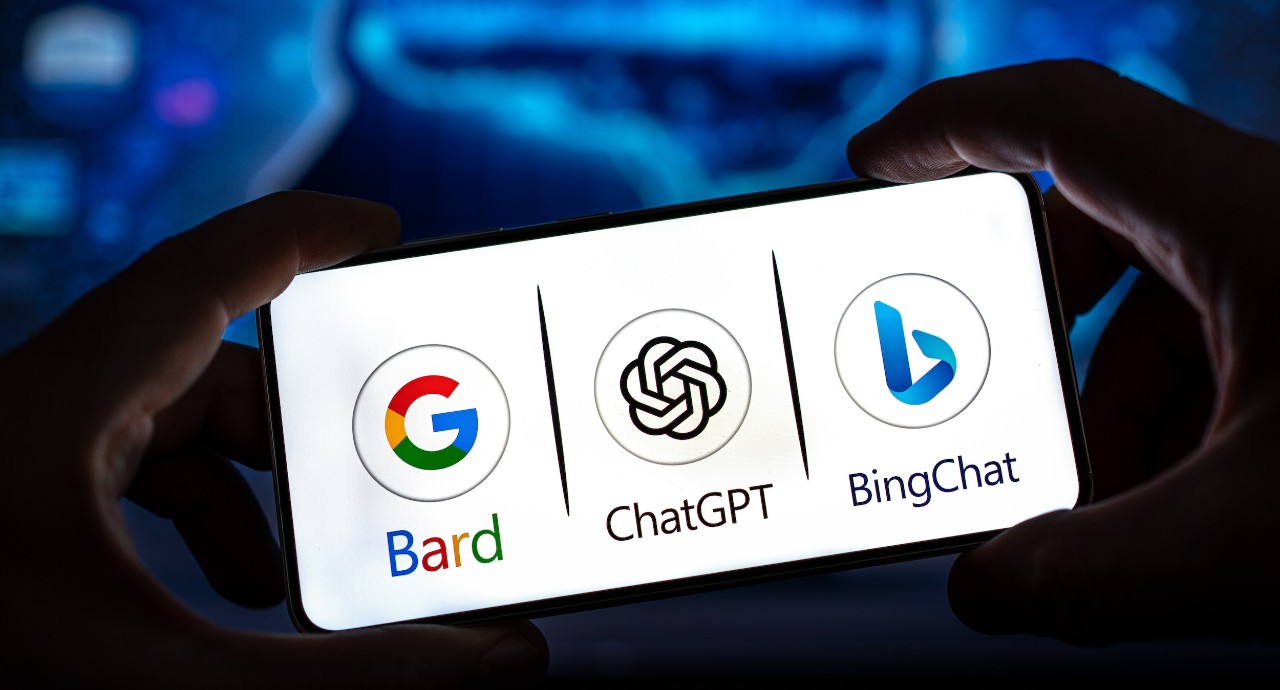 Stock image of sample generative AI platforms in veiw on a smartphone