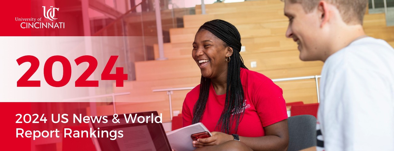 Image of students in the Atrium with the words "2024 US News and World Report Rankings" on it