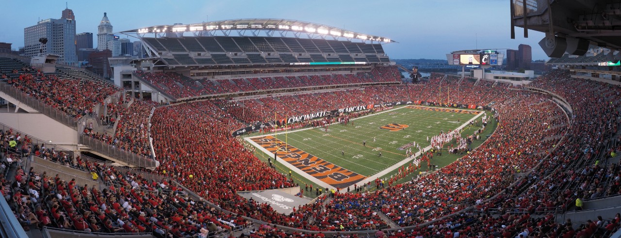 Paycor Stadium filled with fans during a Bengals game, aerial view