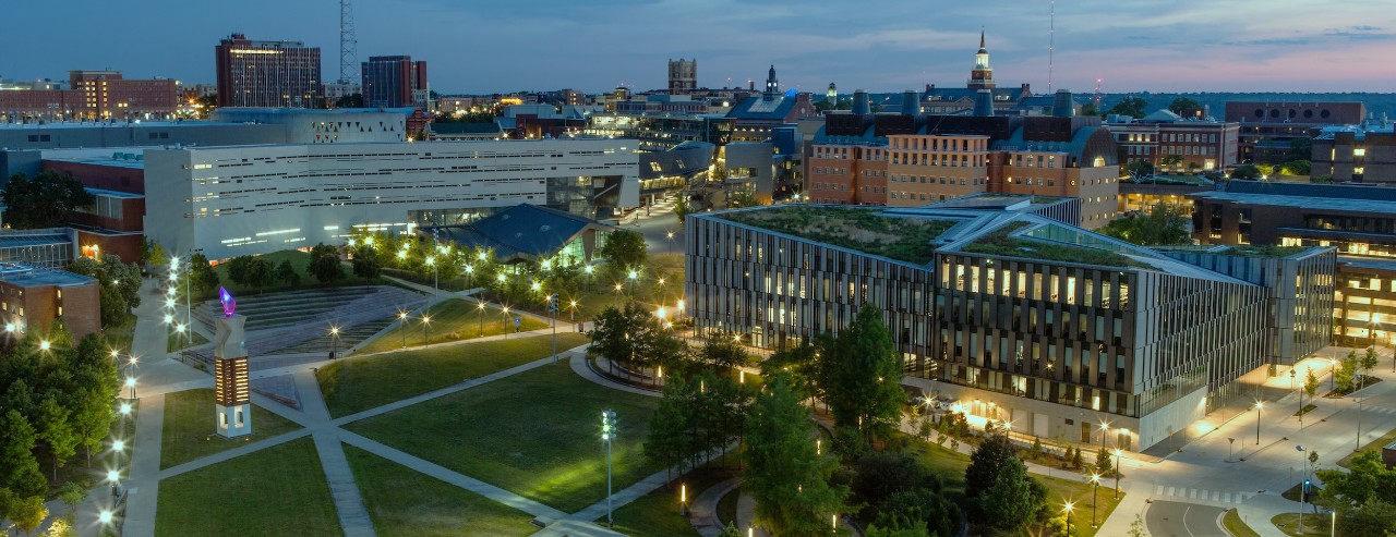 Aerial image of University of Cincinnati at night