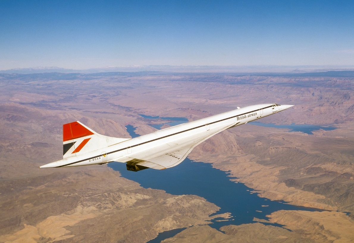 Southwest United States - between 1977 and 1984: British Airways Concorde supersonic airplane in flight on a charter flight over the US Southwest.