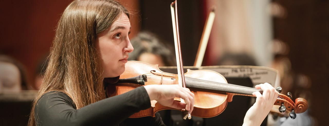 A photo of students performing in the CCM Philharmonia orchestra. Photo/Mark Lyons