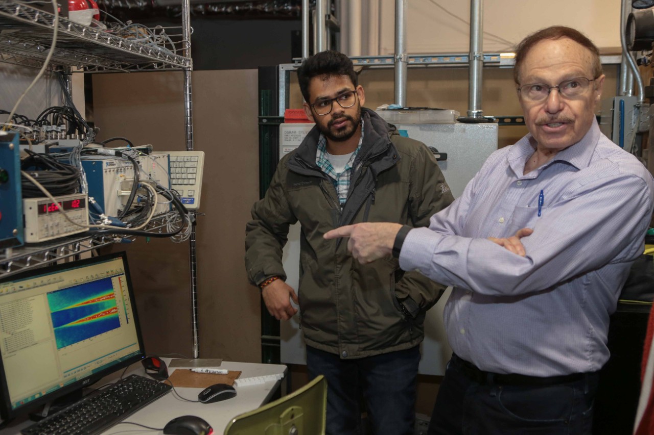 Left to right Aatresh Karnam, doctoral student in the College of Engineering and Applied Science and professor Ephram Gutmark, PhD, DSc Distinguished Professor Ohio Eminent Scholar shown here in Gutmark’s lab at Rhodes. UC/ Joseph Fuqua II