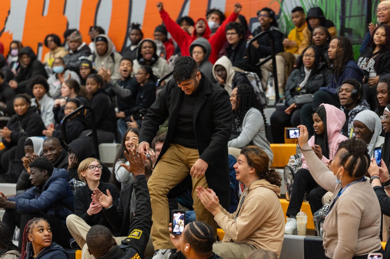 UC celebrates Decision Day 2025 student surprises. Withrow High School, Oliver Tiani Vessah and Harsh Minhas (Marian Spencer Scholars).