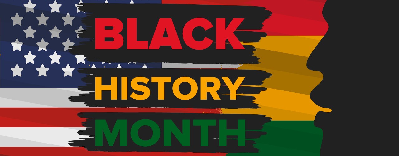 Colorful poster with American flag on left, black facial silhouette on right and Black History Month words in center.