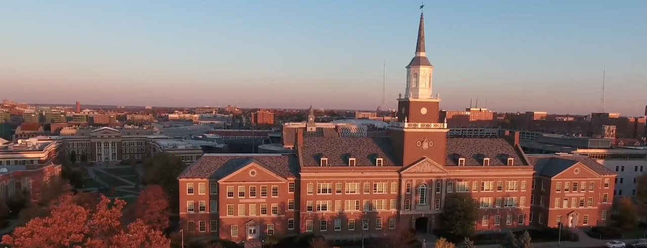 An aerial view of A&S Hall at sunset.