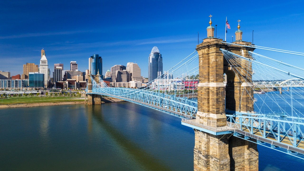 image of bridge connecting Cincinnati to Northern Kentucky with scene of the city in the background