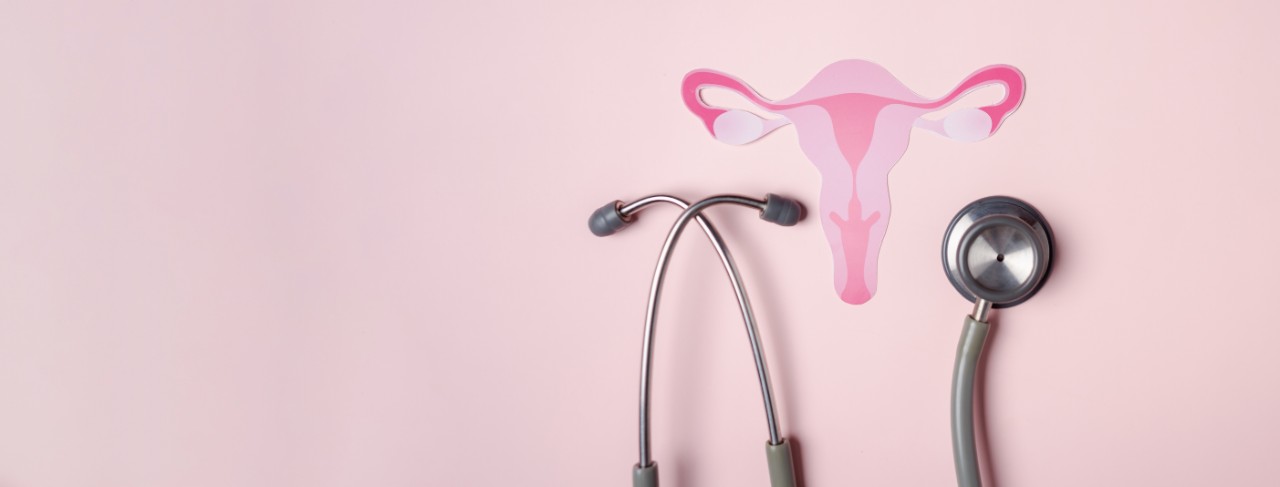 Image of pink uterus and stethoscope on pink background.