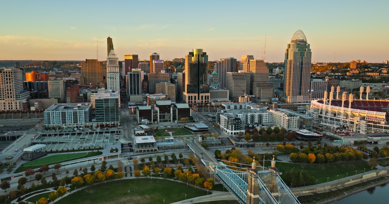 Aerial still image of the Central Business District at sunset in Cincinnati, Ohio