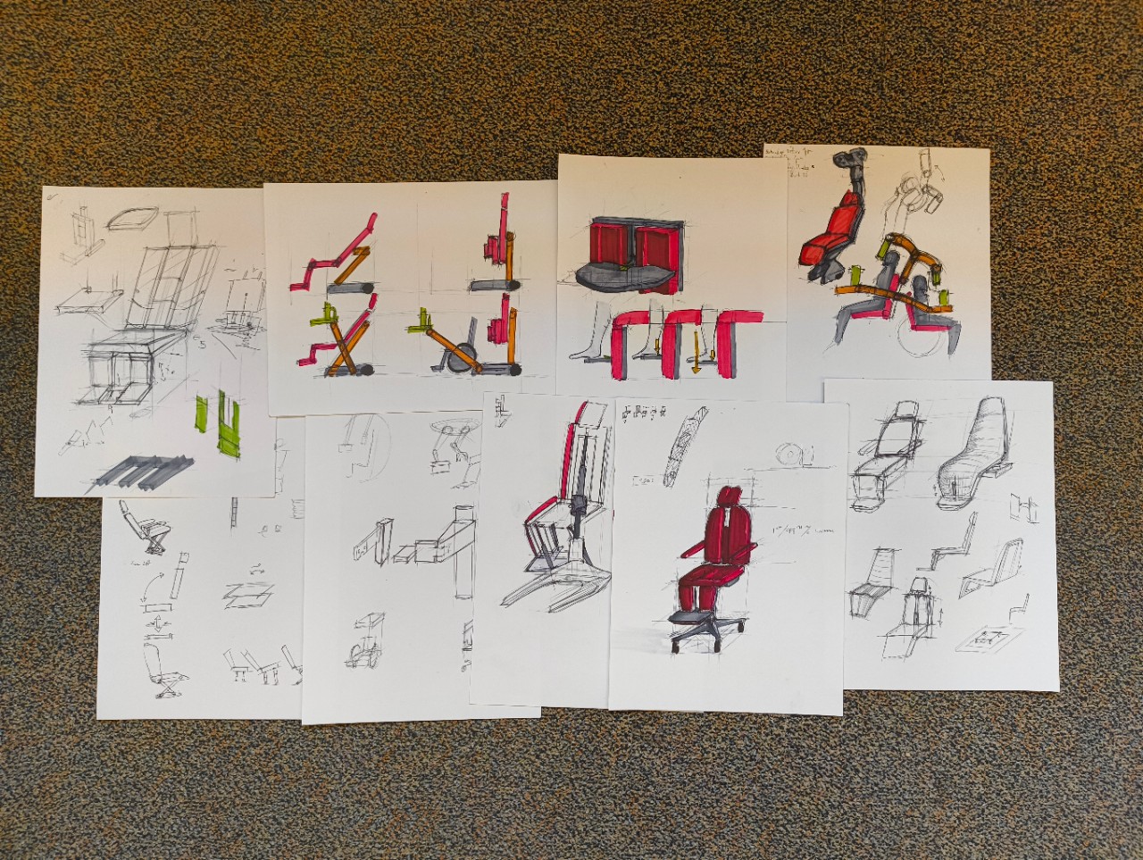 an image of several sheets of paper with optometry station design ideas on them. 