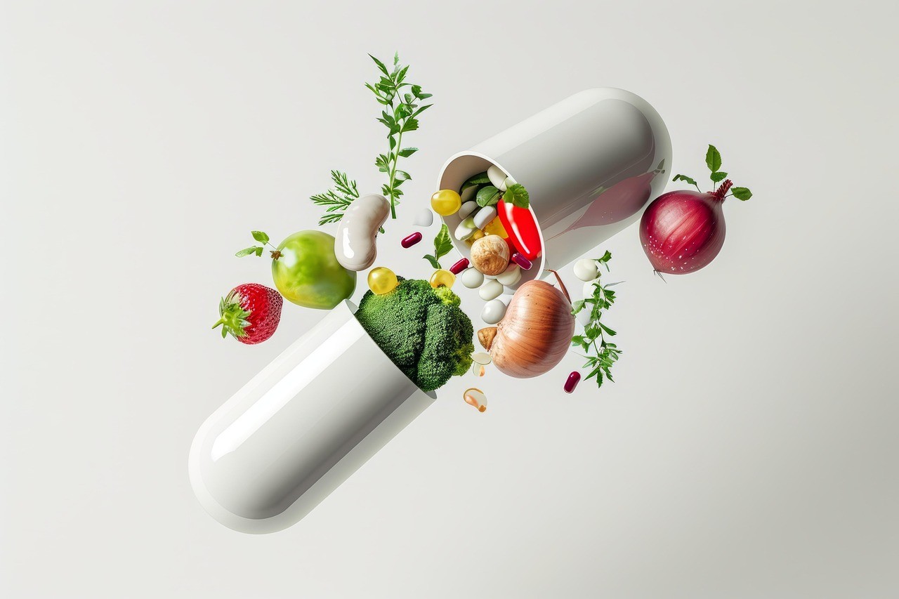 Image of vegetables bursting out of a capsule.