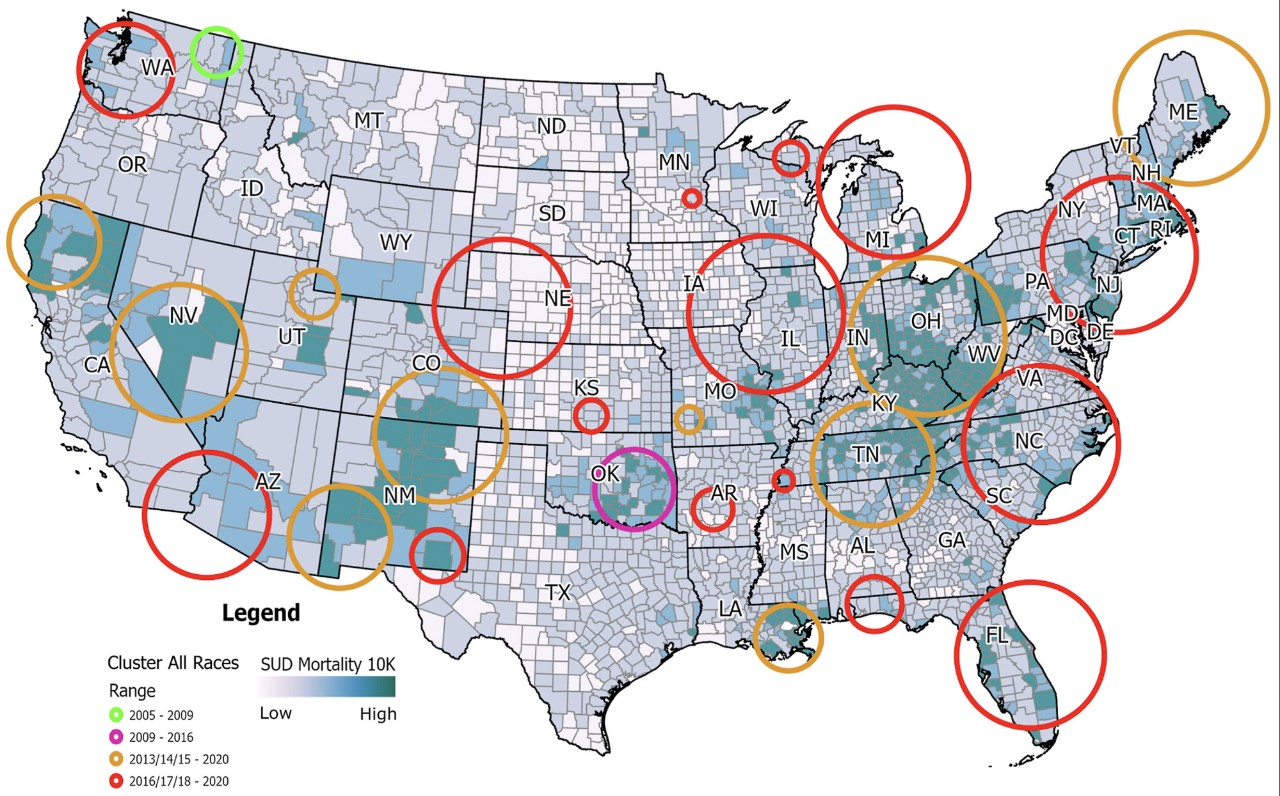 A map of the lower 48 states shows hot spots depicted as circles over portions of cities across dozens of states.